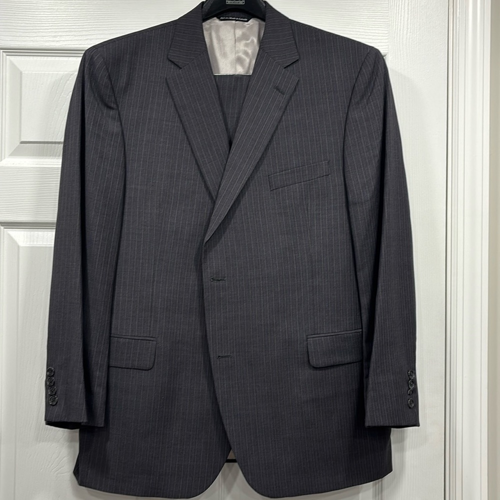 Men’s suit by Jack Victor Select. Purple/white thin stripes with gray base